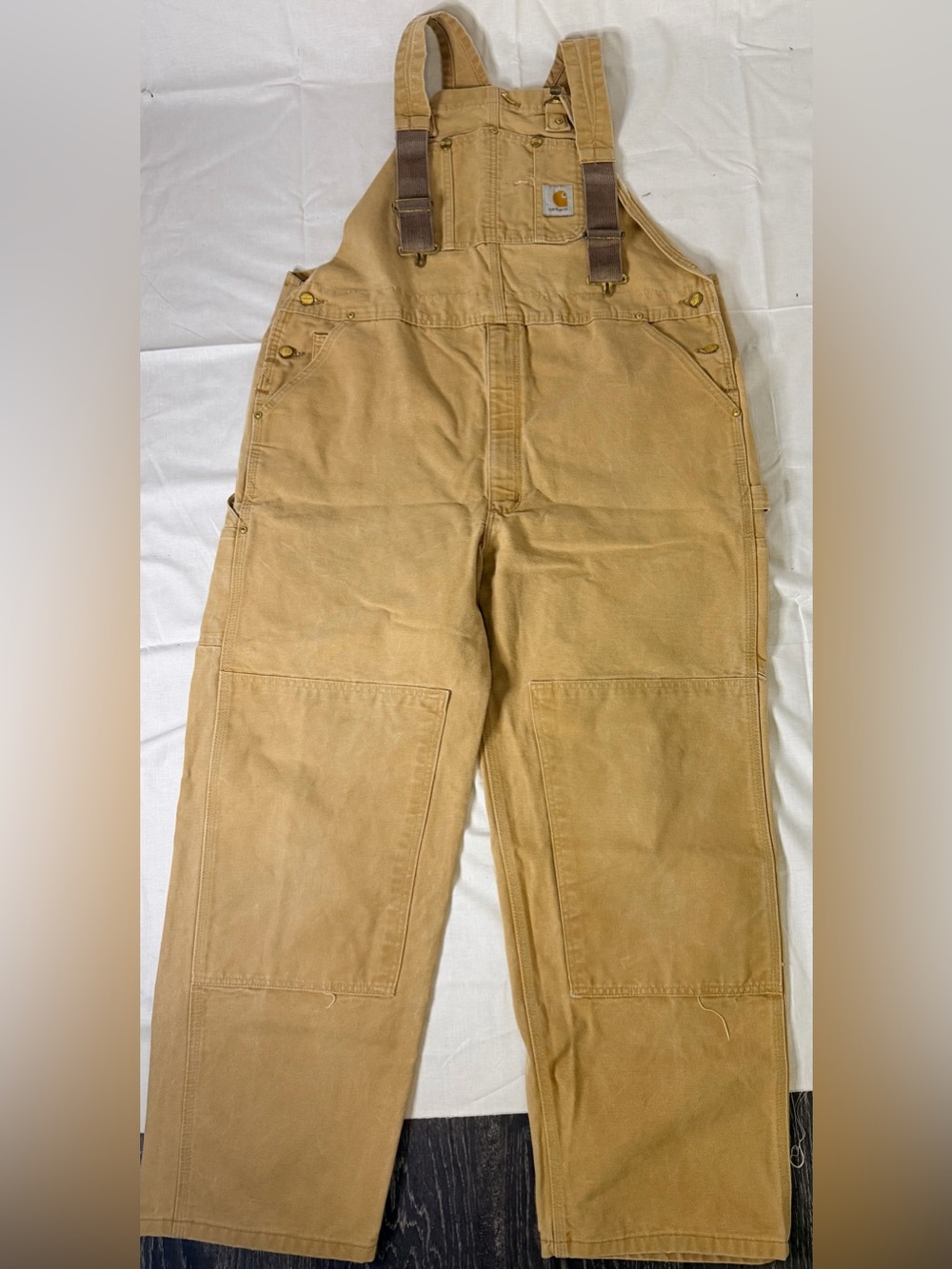 Carhartt Tan Duck Bib Overalls 44x32 Double Knee Workwear
